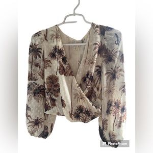 Joie New Palm Desert Cactus Print Faux Wrap Blouson Sleeve Blouse W/Smocked Back
